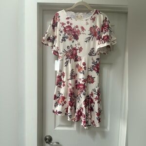 Elegant Asymmetrical Floral Dress in Red and Cream